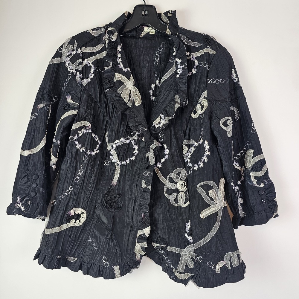 AGORA Jacket Blazer Womens Black M Taffeta 3/4 Sleeve Embellished Boho Evening